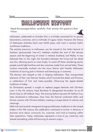 Halloween History Reading Comprehension Worksheet