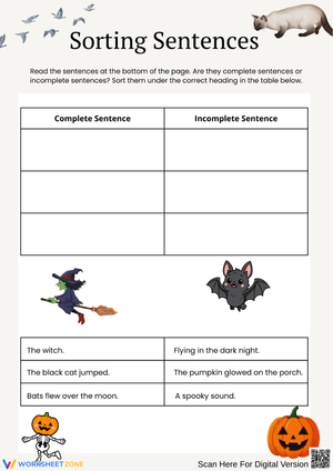 Halloween Complete vs. Incomplete Sentences Sorting