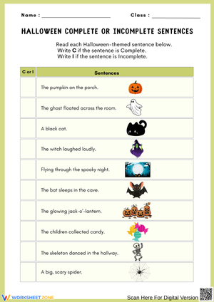 Halloween Grammar Worksheet – Complete and Incomplete Sentences