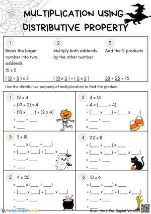 Halloween Multiplication Using Distributive Property Worksheet
