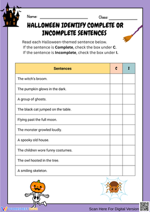 Halloween Identify Complete or Incomplete Sentences Worksheet