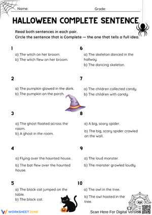 Halloween Grammar  – Identify Complete Sentences Worksheet