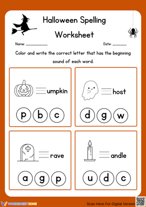 Halloween Spelling Sounds – Kindergarten Beginning Letter Worksheet