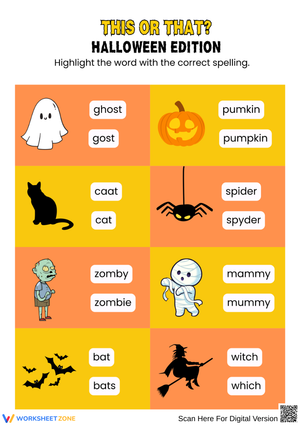 This or That? – Kindergarten Halloween Spelling Worksheet