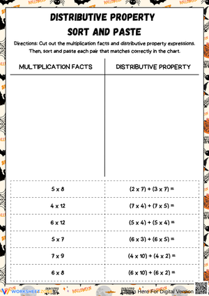 Halloween Distributive Property Sort and Paste Activity Worksheet