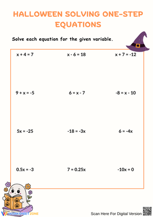 Halloween Solving One-Step Equations – Math Practice Worksheet