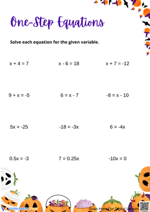 One-Step Equations – Halloween Math Worksheet