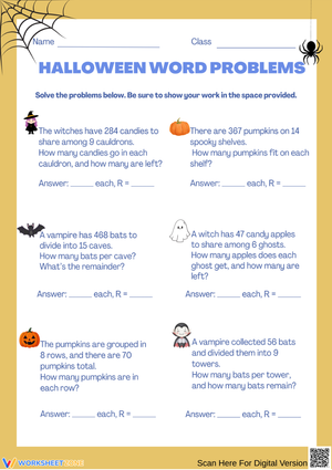 Halloween Word Problems – Division with Remainders Practice