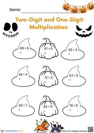 Halloween Multiplication Worksheet – Two-Digit by One-Digit Practice