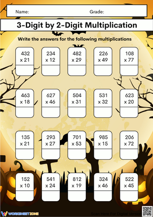 Halloween Math Worksheet – 3-Digit by 2-Digit Multiplication Practice