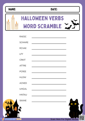 Halloween Spooky Verbs Word Scramble for Grade 3