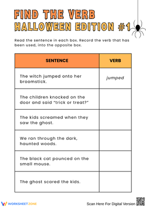 Find the Verb – Halloween Grammar Worksheet for Grade 3