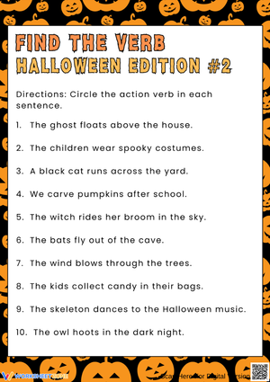 Halloween Grammar Worksheet - Circle the Verb Activity