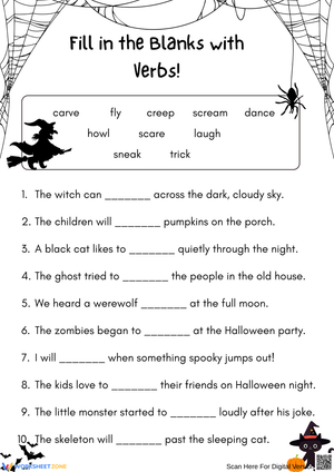 Fill in the Blanks with Verbs – Halloween Grammar Worksheet