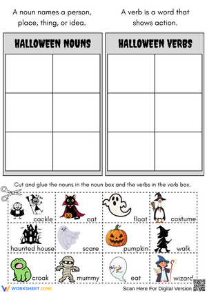 Halloween Nouns and Verbs – Grammar Sorting Worksheet
