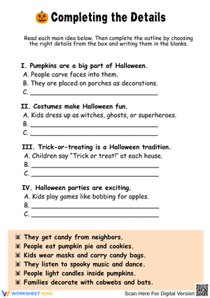 Completing the Details – Halloween Main Idea Worksheet