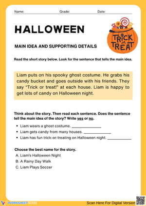 Halloween Main Idea and Supporting Details Worksheet