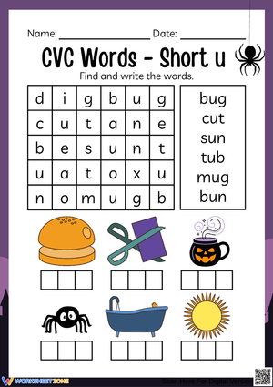 Halloween Short U CVC Word Worksheet for Kids