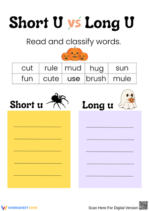 Short U vs Long U – Halloween Phonics Worksheet