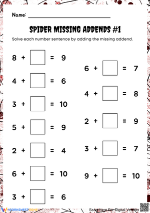 Spider Missing Addends Worksheet – Fun Halloween Addition Worksheet