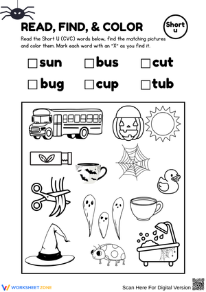 Read, Find & Color – Short U Words (Halloween Edition)