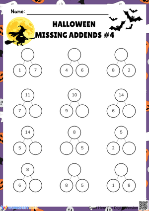 Witch-Themed Halloween Missing Addends Worksheet