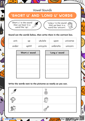 Short U and Long U Vowel Sounds – Halloween Phonics Worksheet