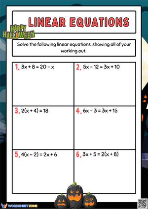 Solve Linear Equations – Halloween Math Worksheet