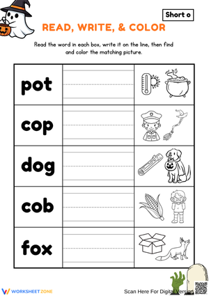 Short O CVC Words – Read, Write & Color Worksheet