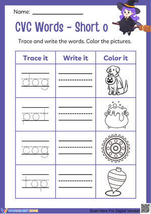 Halloween Short O Trace, Write & Color Worksheet