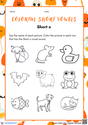 Colorful Short Vowels – Short O Sound Worksheet