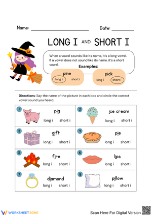 Halloween Long and Short I Vowel Sounds Worksheet