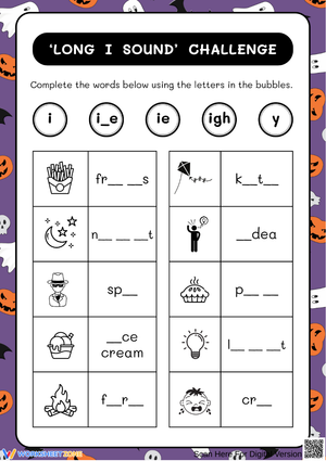 Long I Sound Challenge – Complete the Words Worksheet