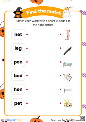 Find the Match – Short E Sound Word Matching Worksheet