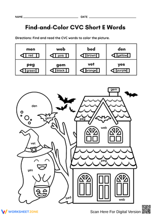 Find and Color CVC Short E Words Worksheet