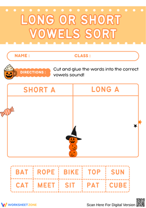 Long and Short Vowel Sounds Sorting Worksheet for Kids