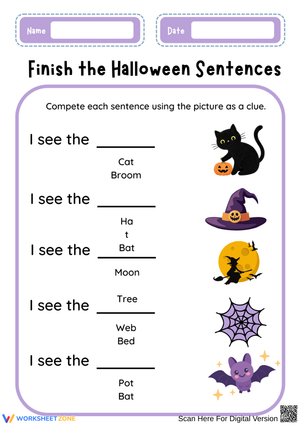 Halloween Sentence Completion Worksheet for Kindergarten