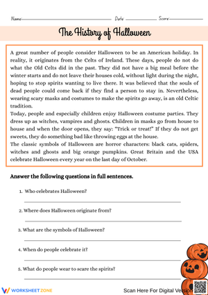 The History of Halloween – Reading Comprehension Worksheet