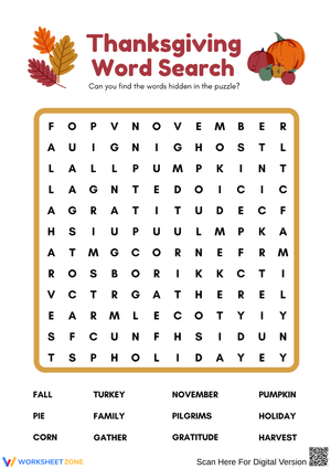 Thanksgiving Word Search Worksheet for Kids