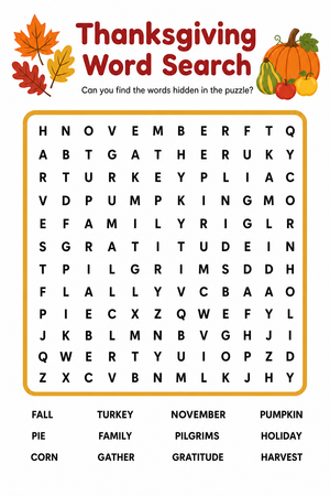 Essential Thanksgiving Word Search | Grade 1-3 ELA