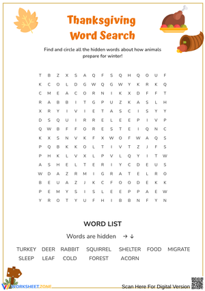 Thanksgiving Animal Adaptations Word Search