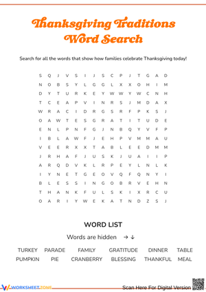 Thanksgiving Traditions Word Search for Kids