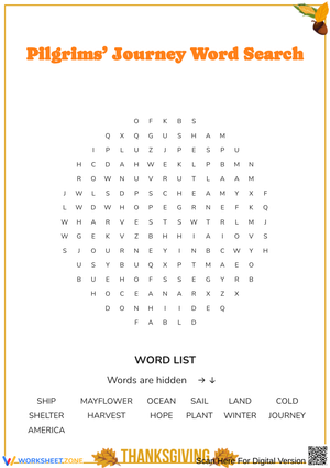 Pilgrims’ Journey Word Search for Thanksgiving