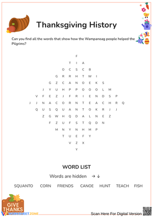 Thanksgiving History Word Search for Kids