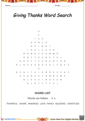 Giving Thanks Word Search for Thanksgiving