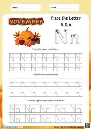 November Letter N Tracing Worksheet