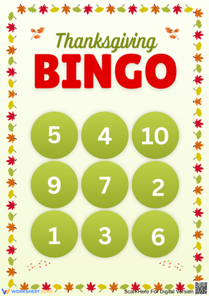 Thanksgiving Number Bingo Counting 1–10 Worksheet