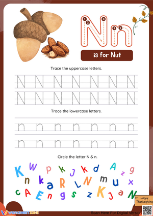 Thanksgiving Letter N Tracing Worksheet – N is for Nut