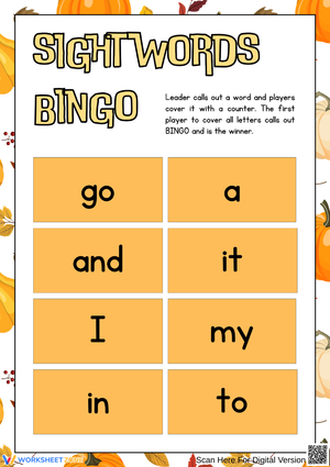 Early Learners Thanksgiving Sight Word Bingo