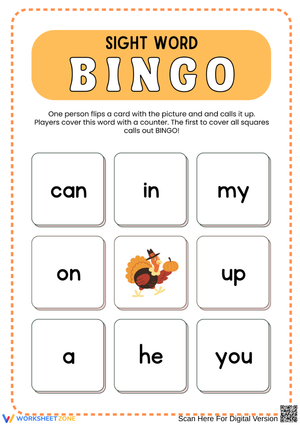 Thanksgiving Sight Words Bingo for Preschool and Kindergarten